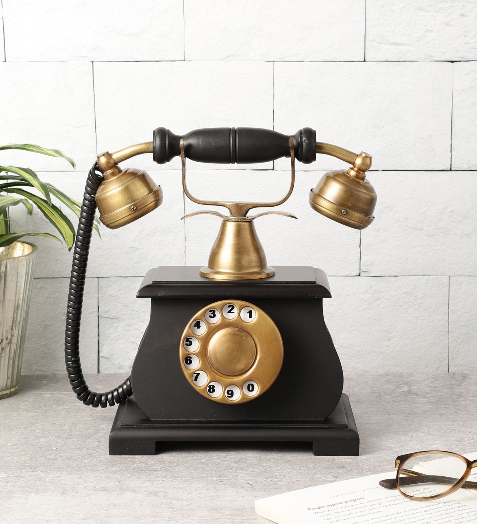 Vintage Looking Phone Black Wood & Metal Showpiece