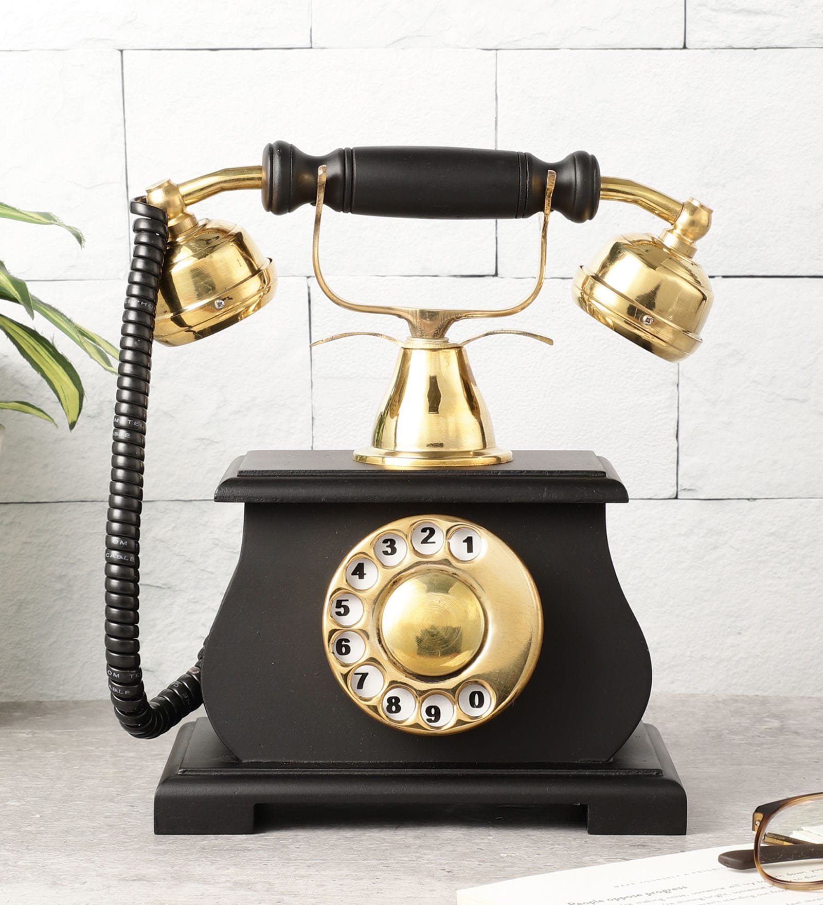 Vintage Looking Phone Brown Wood & Metal Showpiece