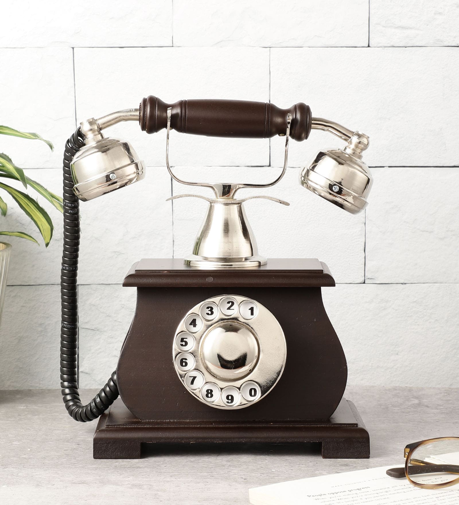 Vintage Looking Phone Brown Wood & Metal Showpiece