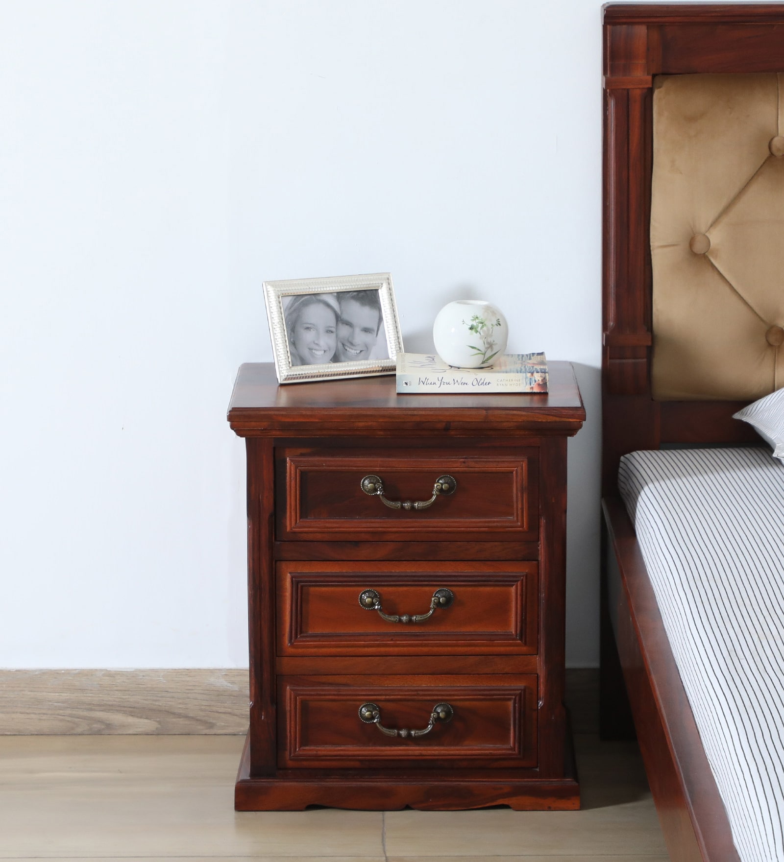 Durbar Sheesham Wood Bedside Table In Honey Oak Finish
