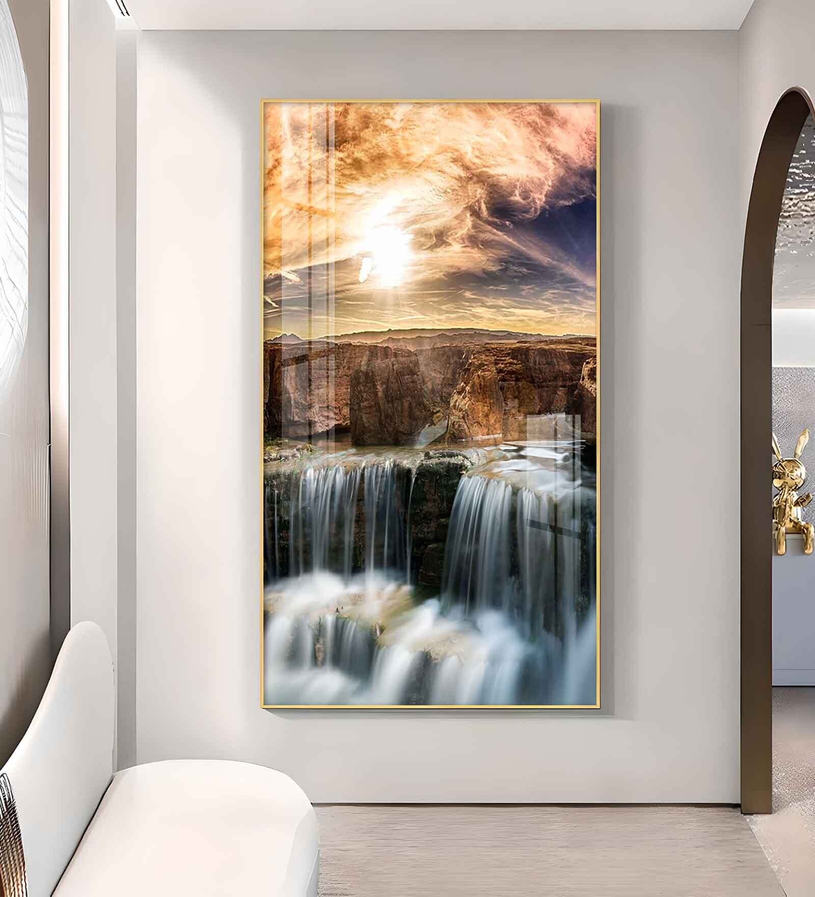 Dusk Over the Falls Glass Finish Vertical Wall Art