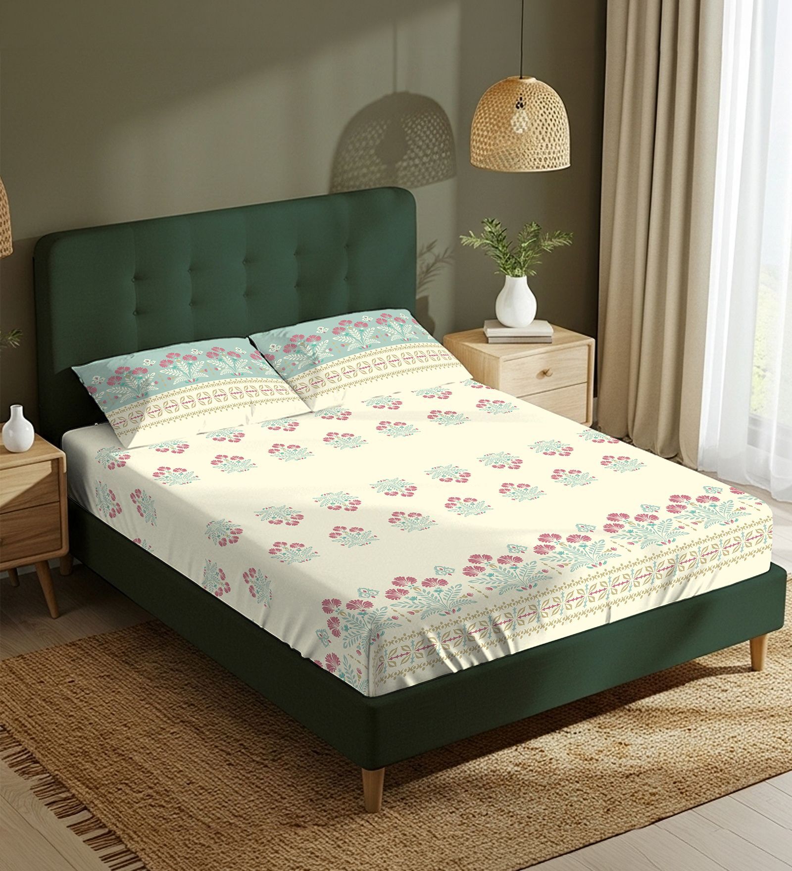 Dusty Blue Floral 200 TC Cotton King Sized Bedsheet with 2 Pillow Covers