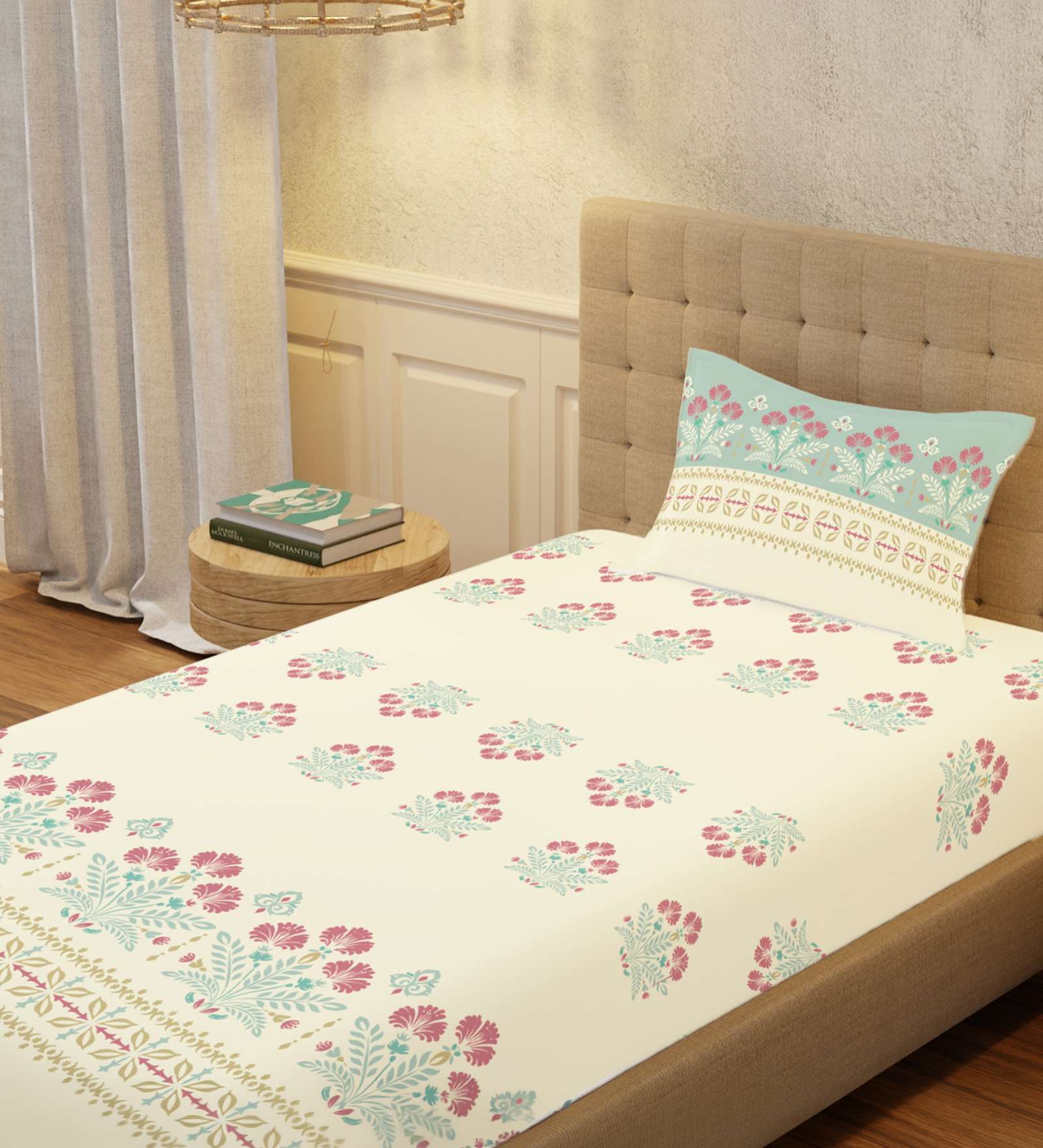 Dusty Blue Floral 200 TC Cotton Single Bedsheet with 1 Pillow Cover