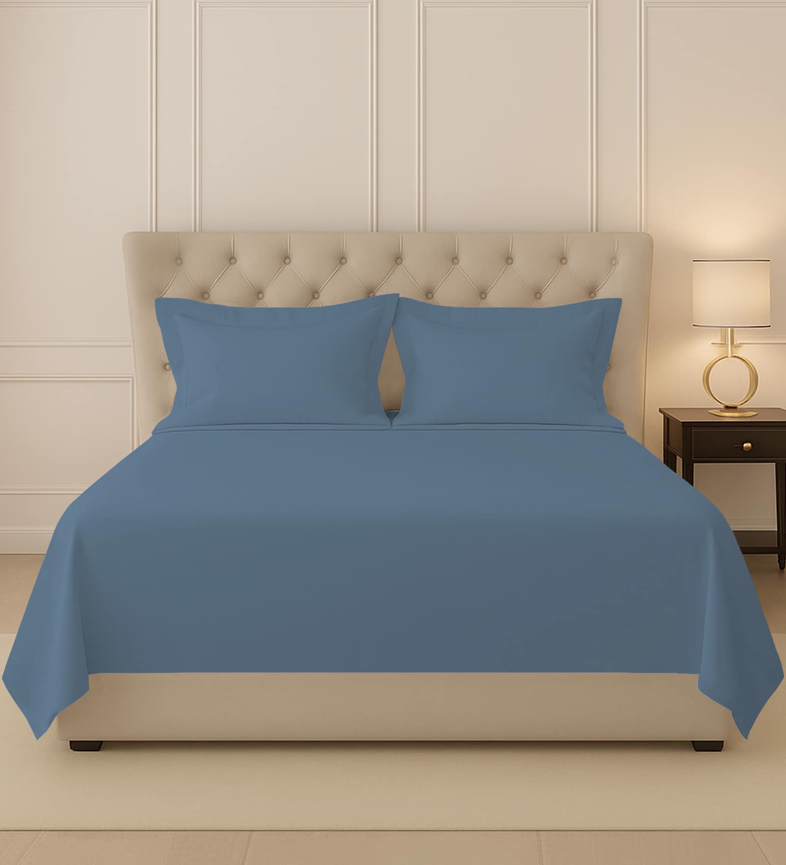 Dusty Blue Solid 400 TC Cotton King Sized Bedsheet with 2 Pillow Covers