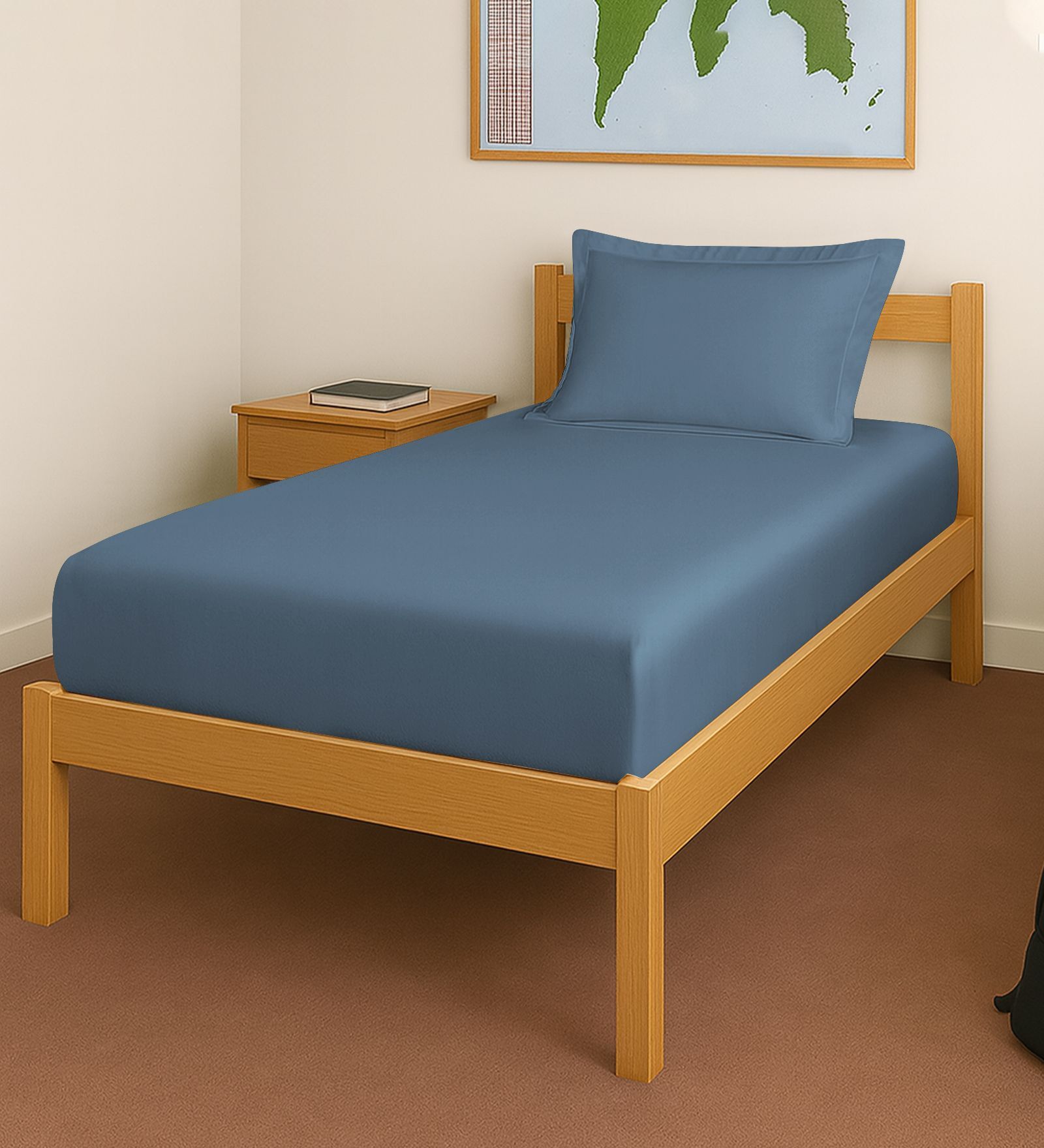 Dusty Blue Solid 400 TC Cotton Single Sized Fitted sheet with 1 Pillow Cover