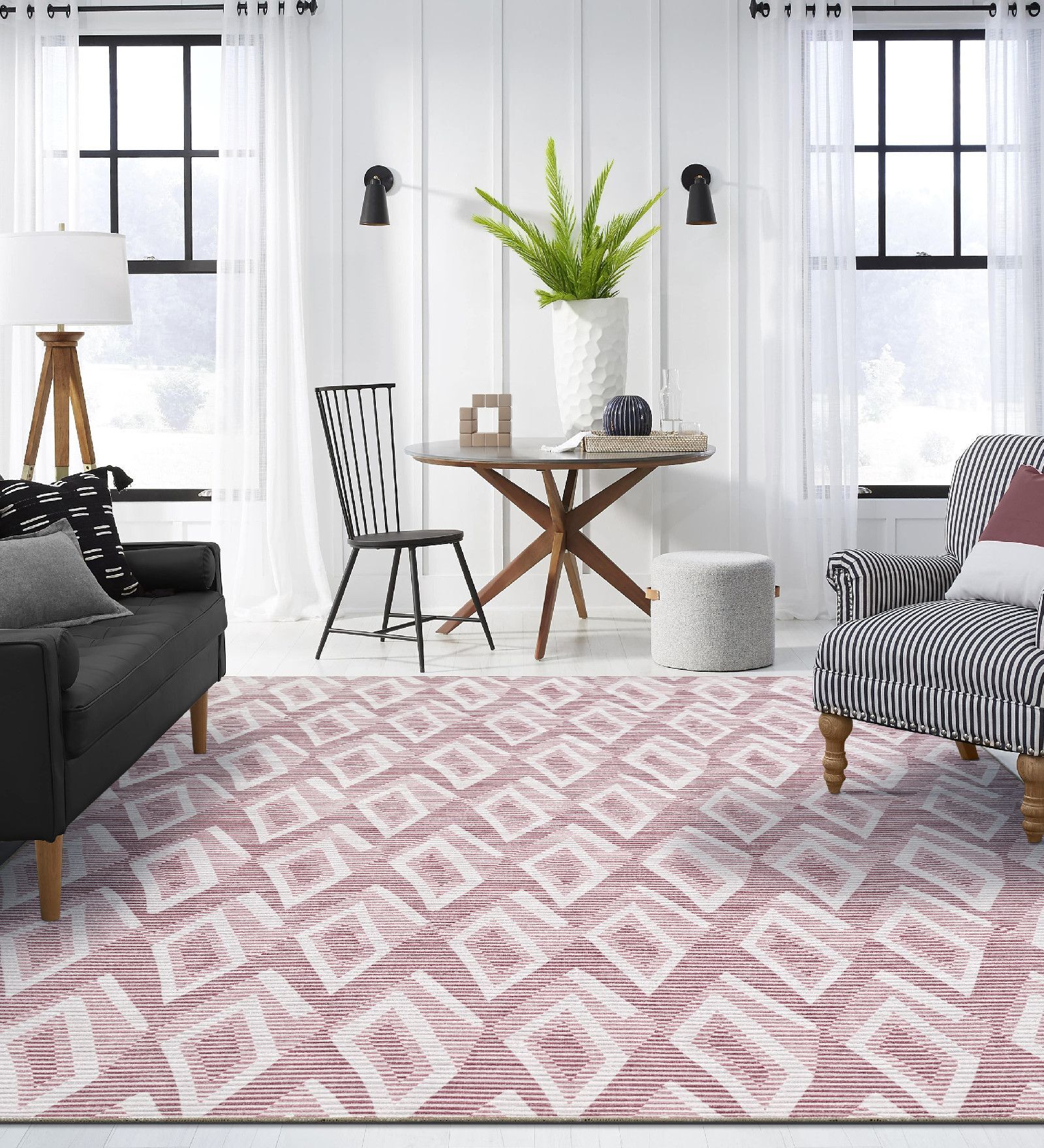 Dusty Rose Geometric Polyester 5 ft x 7 ft Machine Made Carpet