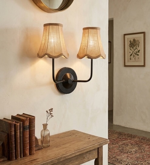 Dual Black Wall Light with Beige Jute Shades