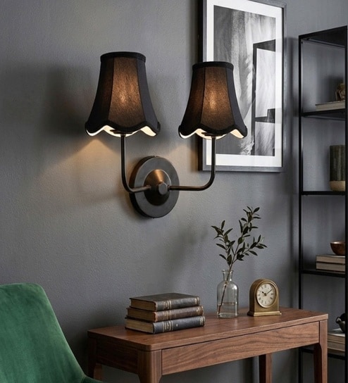 Dual Black Wall Light with Black Cotton Shades