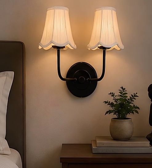 Dual Black Wall Light with Off-White Cotton Shades