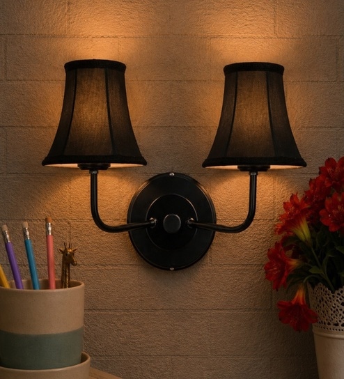Dual Black Wall Mounted Lamp with Black Cotton Shades