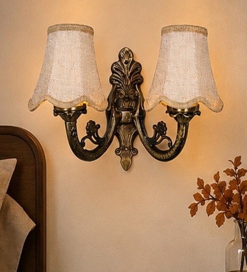 Dual Gold Antique Wall Lamp with Beige Jute Shades for Living & Dining Room