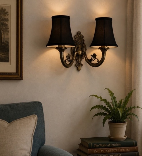 new era Dual Gold Antique Wall Light with Black Cotton Shades & Hall-picture-29