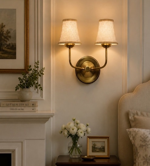 Dual Gold Metal Wall Mounted Lamp with Beige Jute Shade