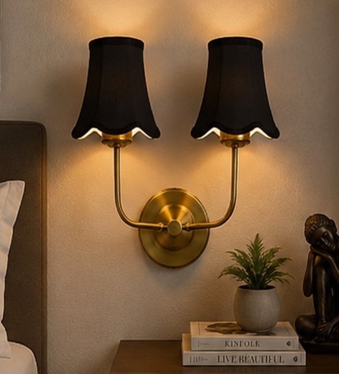 Dual Gold Metal Wall Mounted Lamp with Black Fabric Shade