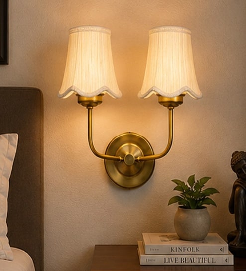 Dual Gold Metal Wall Mounted Lamp with Off-White Cotton Shade