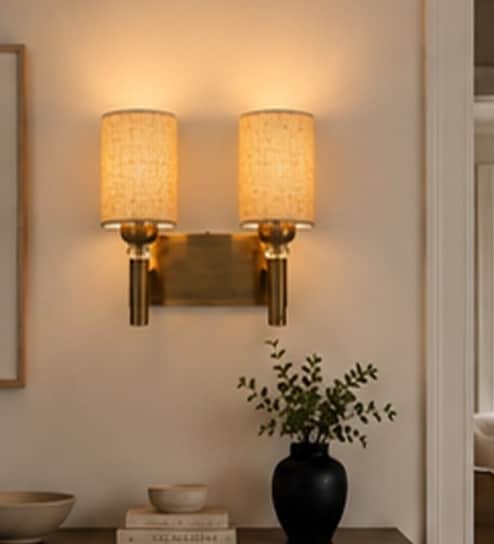 Dual Gold Wall Lamp with Beige Jute shade