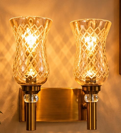 Dual Gold Wall Lamp with Lavender Glass