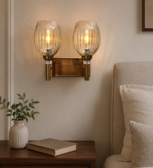 Dual Gold Wall Lamp with Lavender Glass