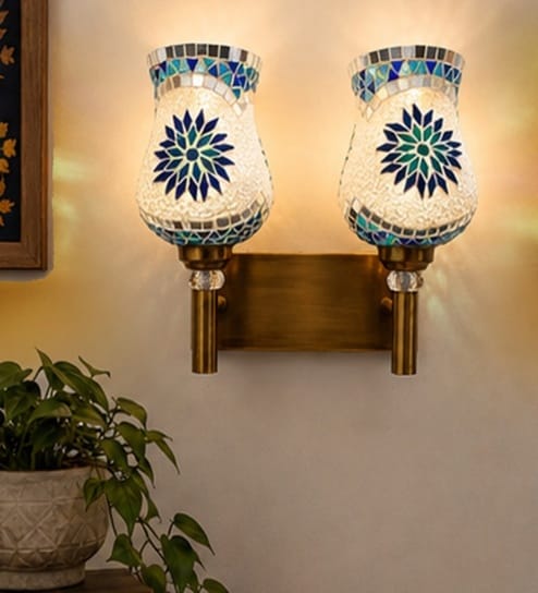 Dual Gold Wall Lamp with Mosaic Glass