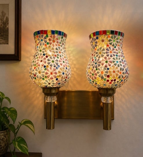 Dual Gold Wall Lamp with Mosaic Glass