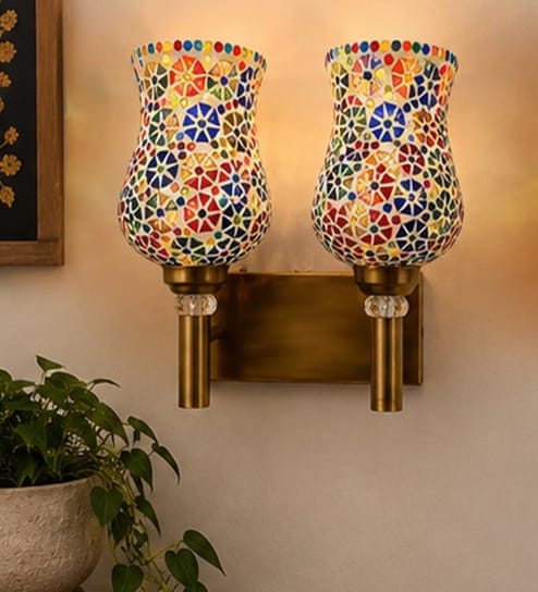 Dual Gold Wall Lamp with Mosaic Glass