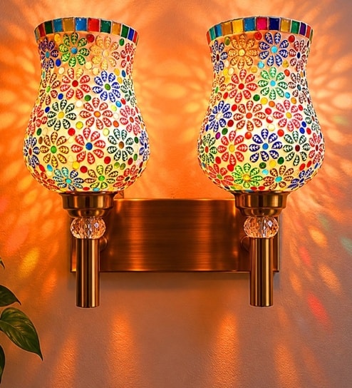 Dual Gold Wall Lamp with Mosaic Glass