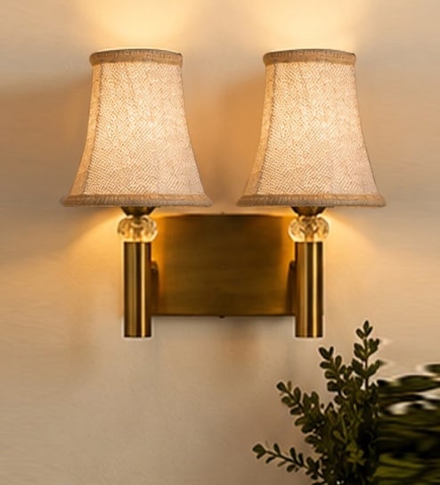 Dual Gold Wall Lamp with Vintage Beige Jute  Shade