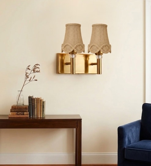 Dual Gold Wall Lamp with Vintage Beige Jute  Shade