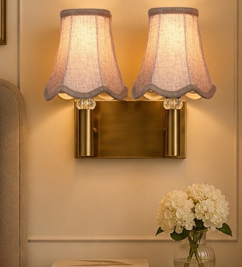 Dual Gold Wall Lamp with Vintage Beige Jute  Shade