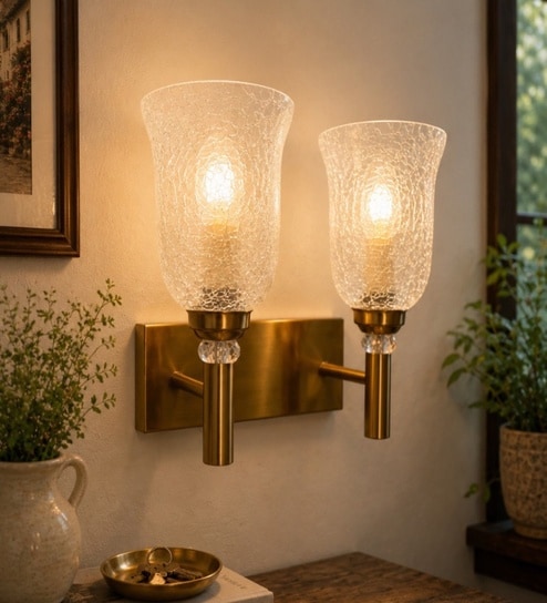 Dual Gold Wall Lamp with White Crinkle Glass