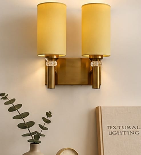 Dual Gold Wall Lamp with Yellow cotton shade