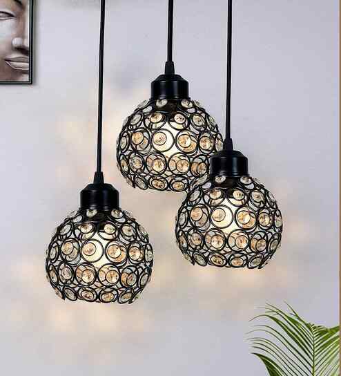 Dual Half Globe 3 Light Round Black Crystal & Metal Cluster Chandelier