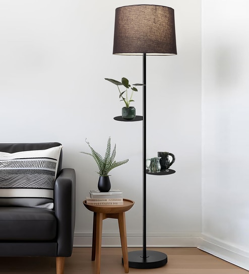 Grey Dual Shelf Floor Lamp with Fabric Shade