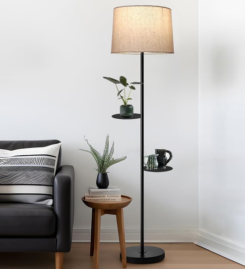 Brown Dual Shelf Floor Lamp with Fabric Shade