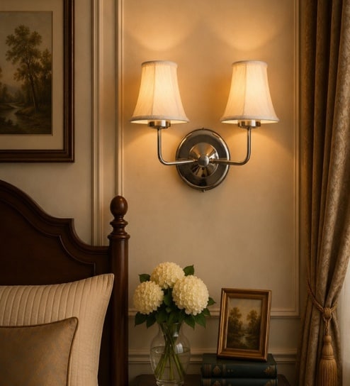 Dual Steel Metal Wall Mounted Lamp with Off-White Cotton Shade & Bedroom