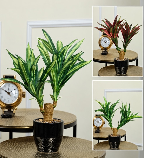 White Fabric Artificial Dual-Stem Variegated Grass Bonsai in Ceramic Pot