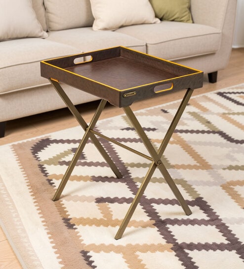 Dual Tone Butler Leather Foldable End Table In Brown Finish