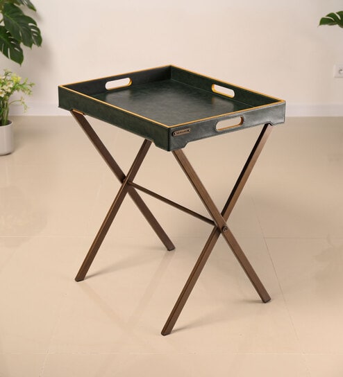 Dual Tone Butler Leather Foldable End Table In Green Finish