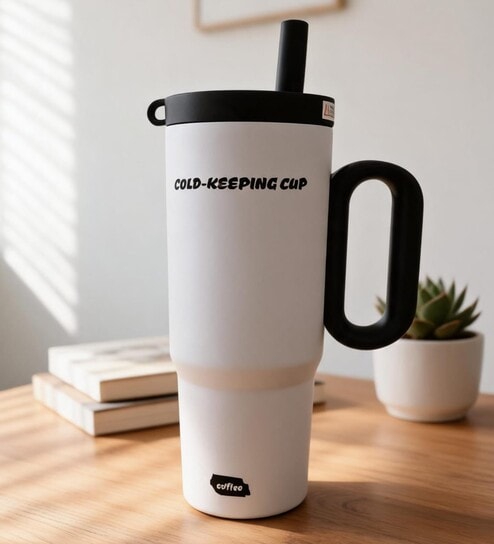 White Dual Tone Stainless Steel Tumbler with Handle & Straw, 900 ml