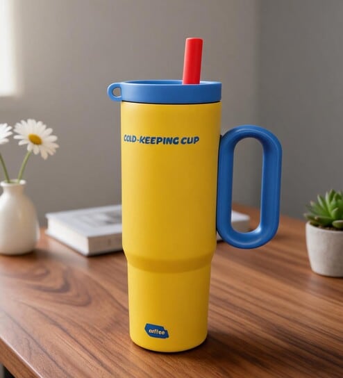 Yellow Dual Tone Stainless Steel Tumbler with Handle & Straw, 900 ml
