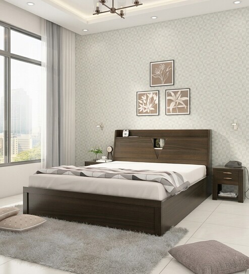 Duke Queen Size Bed With Box Type Storage In Fumed Oak Finish