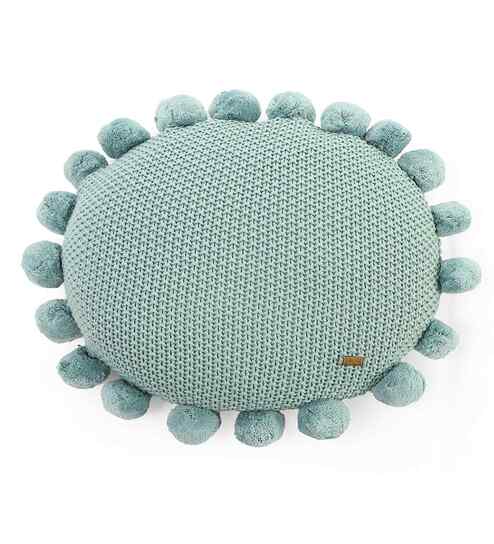 Dull Blue 100% Cotton Pom Pom 16X16 Inches Knitted Cushion Cover