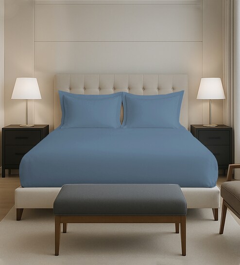 Dusty Blue Solid 400 TC Cotton King Sized Fitted sheet with 2 Pillow Covers