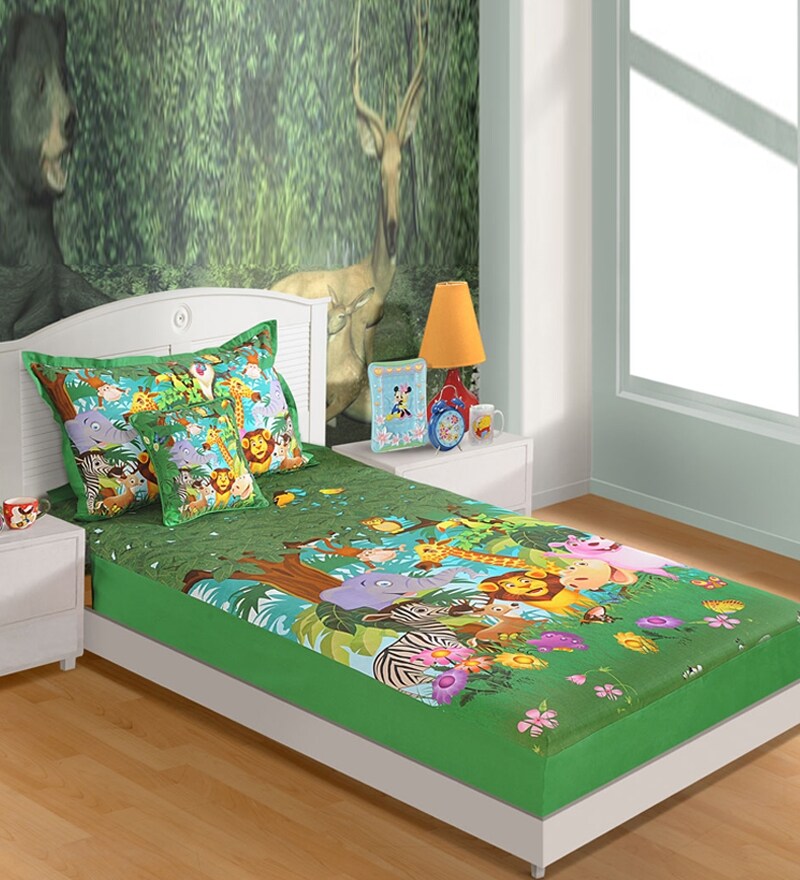Buy Green Cotton Jungle Book Single Bedsheet by Swayam Online Kids