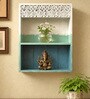 Blue Solid Wood Handcarved Rack Style Floating Wall Shelf With 2 Compartments