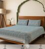 Dusty Blue Floral 300 TC Cotton King Sized Bedsheet with 2 Pillow Covers