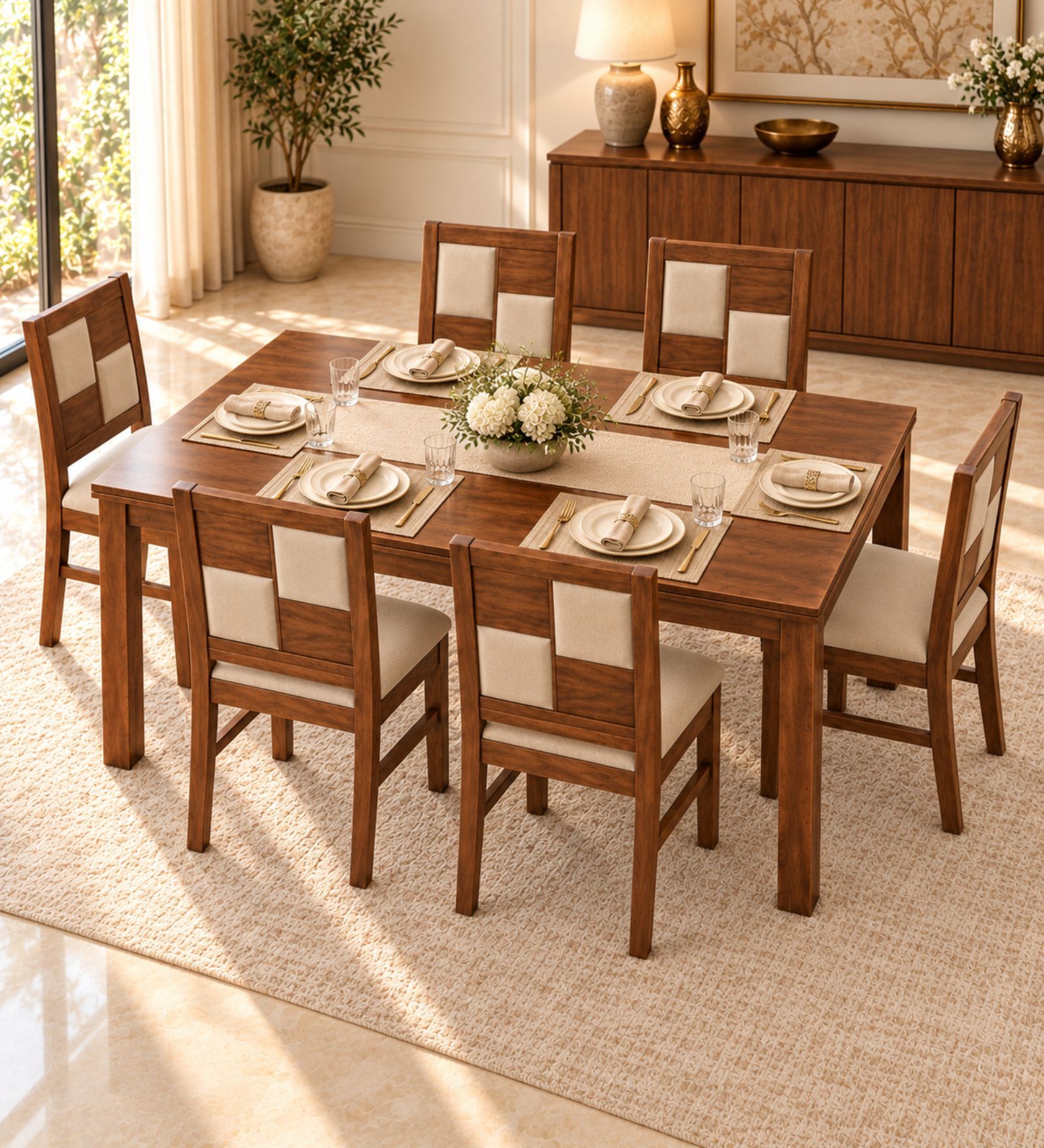 Dvira 6 Seater Dining Set In Provincial Teak Finish With Beige Colour Chair Dvira 6 Seater Dining Set In Provincial Teak Finish With Beige Colour Chair