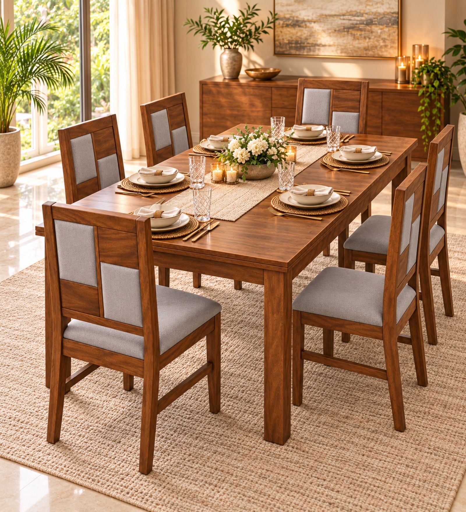 Dvira 6 Seater Dining Set In Provincial Teak Finish With Grey Colour Chair Dvira 6 Seater Dining Set In Provincial Teak Finish With Grey Colour Chair