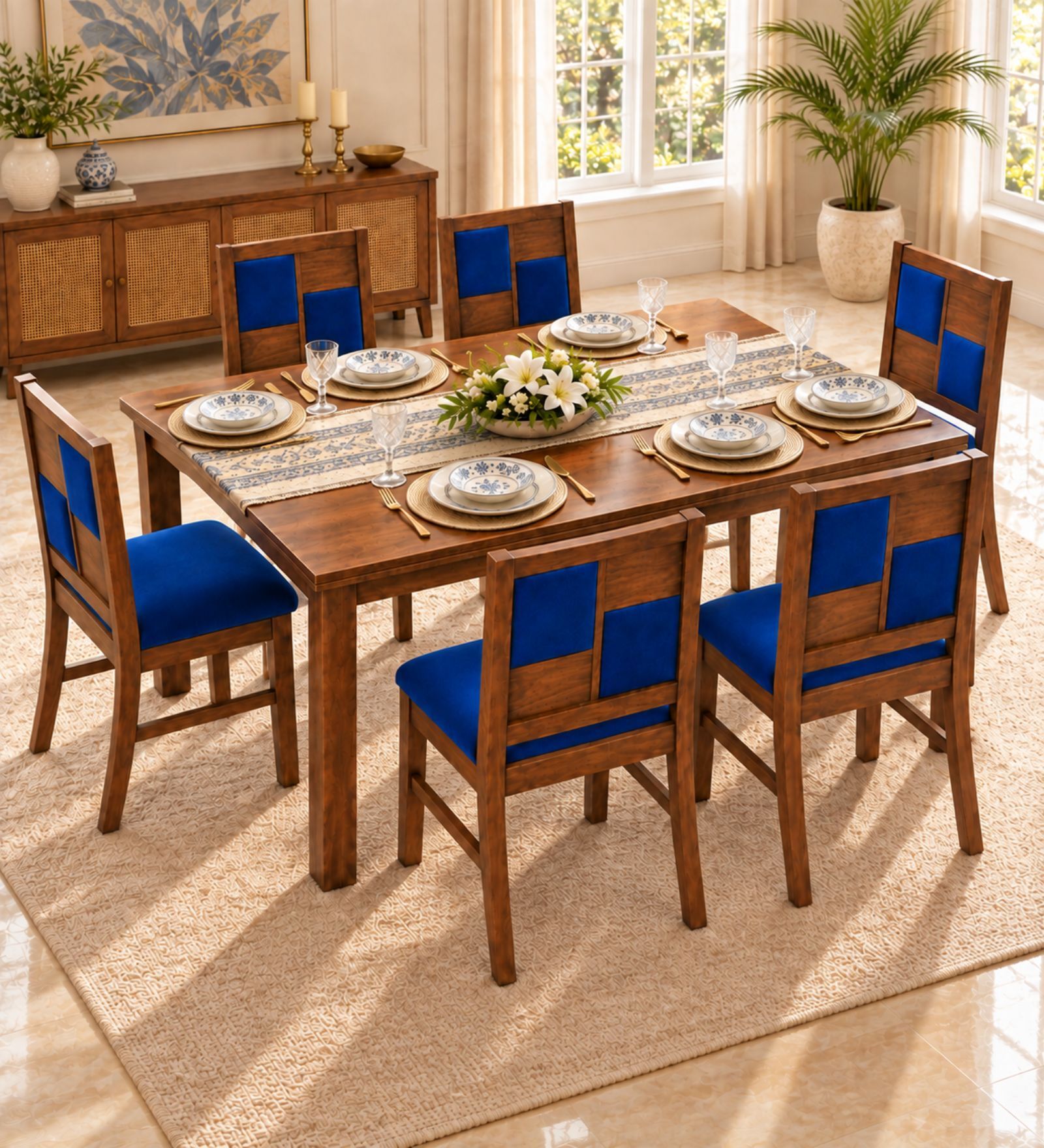 Dvira 6 Seater Dining Set In Provincial Teak Finish With Navy Blue Colour Chair Dvira 6 Seater Dining Set In Provincial Teak Finish With Navy Blue Colour Chair