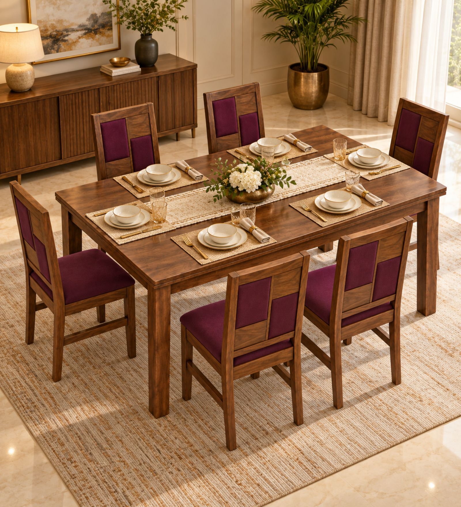 Dvira 6 Seater Dining Set In Provincial Teak Finish With Plum Colour Chair Dvira 6 Seater Dining Set In Provincial Teak Finish With Plum Colour Chair
